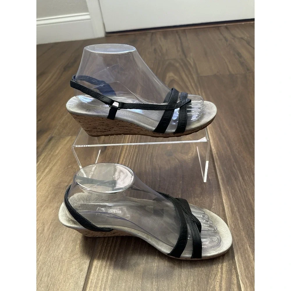 Patagonia Black Leather Cork‎ Wedge Sandals Strappy Slingback T11356 Womens 8M